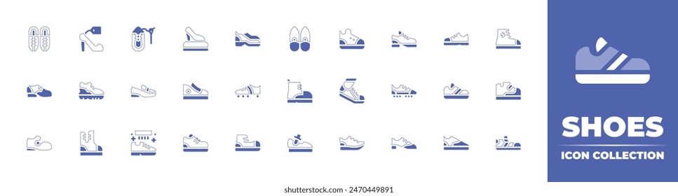 Colección de iconos de zapatos. Trazo de línea de estilo duotono y negrita. Ilustración vectorial. Contiene correr, tango, zapato, zapatillas, cepillo, zapatillas, zapatillas, zapatos, tacones altos, bota, zapatillas, botas de fútbol.