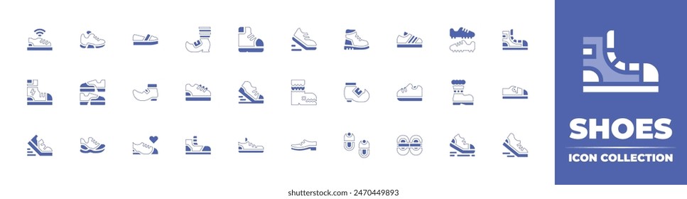 Shoes icon collection. Duotone style line stroke and bold. Vector illustration. Containing running shoes, hiking boots, walk, trainer, shoes, boots, sneakers, running, clothes, smart shoes, boot.