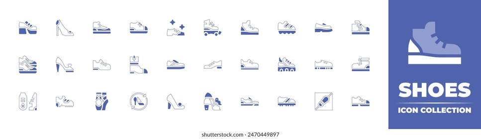 Shoes icon collection. Duotone style line stroke and bold. Vector illustration. Containing ballet, trainers, shoes, sneakers, high heels, shoe, sport shoe, rollerblade shoes, platform.