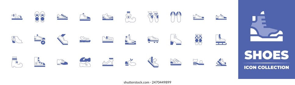 Shoes icon collection. Duotone style line stroke and bold. Vector illustration. Containing running, ballet, shoes, sneakers, sneaker, trainers, sandal, sandals, female shoes, football shoes, shoe.