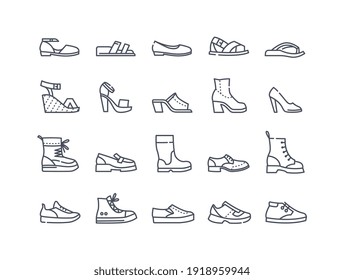 Shoes Icon Collection. High Heels Sandal, Boots, Hiking Footwear, Sneakers And Others. Set Of Minimal Style Flat Outline Vector Illustrations Isolated On White Background