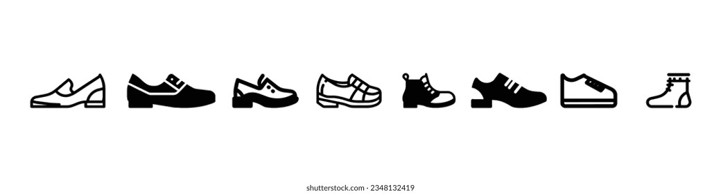 Colección de iconos de zapatos. calzado de senderismo, zapatillas de deporte y otros. Icono de juego de zapatos. Icono de zapato de cuero, icono de Loafers en estilo negro aislado en fondo blanco. Juego de iconos de los zapatos de los hombres.