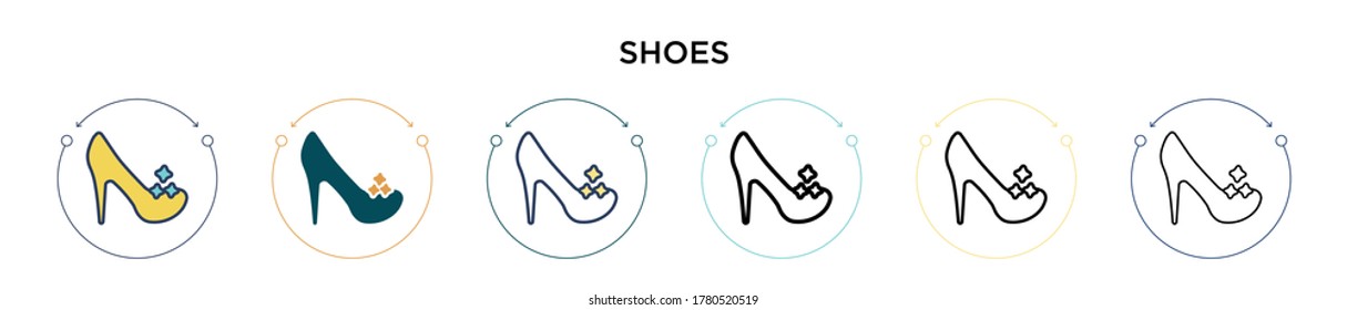 Shoes icon in filled, thin line, outline and stroke style. Vector illustration of two colored and black shoes vector icons designs can be used for mobile, ui, web
