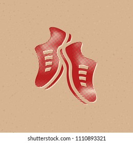 Shoes icon in halftone style. Grunge background vector illustration.