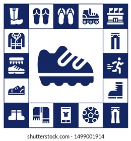 shoes icon set. 17 filled shoes icons.  Simple modern icons about  - Boots, Coat, Shoes, Shoe, Sneakers, Jeans, Runner, Sandals, Scarf, Fashion, Roller skate, Soccer, Stadium
