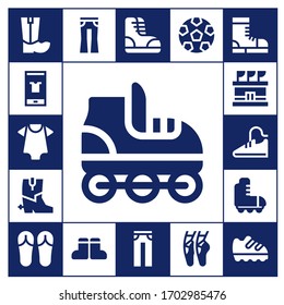 shoes icon set. 17 filled shoes icons. Included Boots, Fashion, Baby clothes, Roller skate, Stadium, Sport shoes, Sandals, Jeans, Soccer, Ballet, Shoe icons