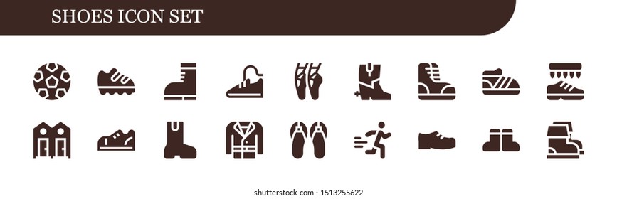 shoes icon set. 18 filled shoes icons.  Collection Of - Soccer, Shoe, Boots, Sport shoes, Ballet, Dressing room, Sneakers, Boot, Coat, Sandals, Runner icons