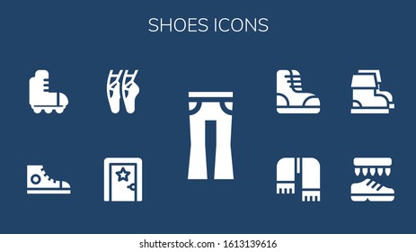 shoes icon set. 9 filled shoes icons. Included Jeans, Dressing room, Ballet, Sneakers, Roller skate, Shoes, Boots, Scarf icons