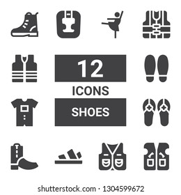 shoes icon set. Collection of 12 filled shoes icons included Vest, Sandals, Boots, Baby clothes, Shoe, Headgear, Boot, Ballerina