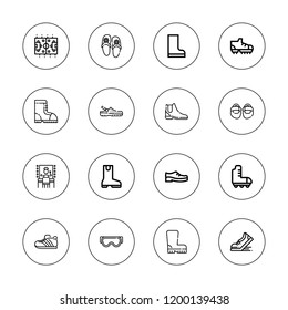 Shoes icon set. collection of 16 outline shoes icons with boot, boots, dressing room, goggles, sandals, sneakers, shoe, roller skate icons.