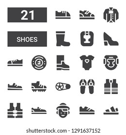 shoes icon set. Collection of 21 filled shoes icons included Sandals, Shoes, Dutch, Shoe, Vest, Crankset, Football Headgear, Baby clothes, Boots