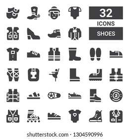 shoes icon set. Collection of 32 filled shoes icons included Coat, Boot, Baby clothes, Shoes, Roller skate, Vest, Chelsea, Boots, Shoe, Crankset, Sandals, Ballerina, Headgear