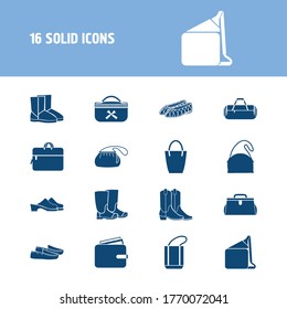 Shoes icon set and crossbody bag with cowboy boots, half moon bag and cosmetic bag. Clutch related shoes icon vector for web UI logo design.