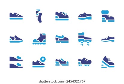 Shoes icon set. Duotone color. Vector illustration. Containing running shoes, ballet, shoe, boot, boots, no shoes, shoes, wedges, heels, flying shoe.