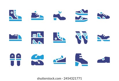 Shoes icon set. Duotone color. Vector illustration. Containing tap shoes, shoes, ballet, sneakers, shoe, slippers, sneaker, converse, baby, female.