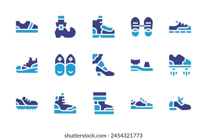 Shoes icon set. Duotone color. Vector illustration. Containing running, sport, soccer shoe, shoe, shoes, flying, tap shoes.