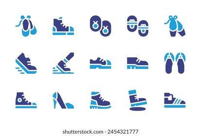 Conjunto de iconos de zapatos. Color duotono. Ilustración vectorial. Contiene running, bailarina, zapatillas, ballet, tacones, zapatos, sandalias, zapatos de bebé.