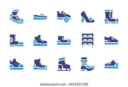 Schuhe Symbolsatz. Zweitonfarbe. Vektorillustration. Mit Laufschuhen, Stiefeln, Schuhen, Schuhen, Turnschuhen, flachen Schuhen, Schuhen, Schlittschuhen.