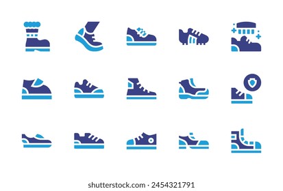 Shoes icon set. Duotone color. Vector illustration. Containing walking, polishing, shoes, sneakers, product durability, baby shoes, boot, football shoes, shoe.