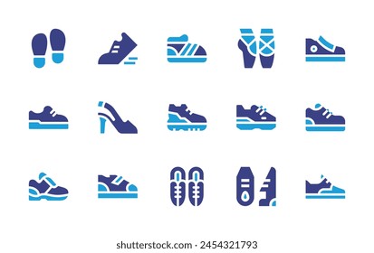 Shoes icon set. Duotone color. Vector illustration. Containing footprint, boots, shoes, sport shoes, shoe, sneakers, high heel, ballet.