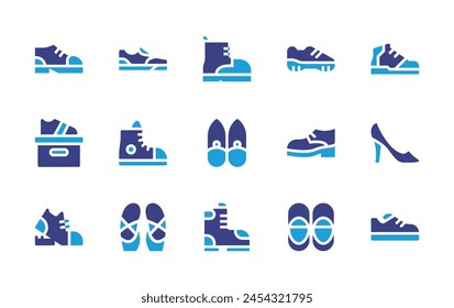 Shoes icon set. Duotone color. Vector illustration. Containing sneakers, shoe, shoes, sneaker, high heels, ballet shoes, boot.