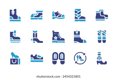 Shoes icon set. Duotone color. Vector illustration. Containing cover, cowboy, shopping bag, ballet, shoe, leprechaun shoe, shoes, footprints, boot, boots.