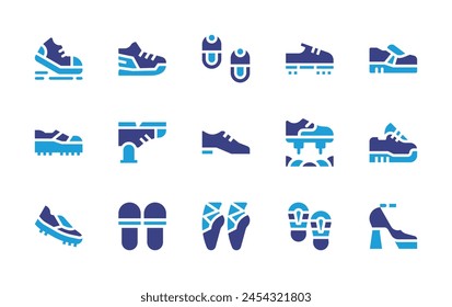 Shoes icon set. Duotone color. Vector illustration. Containing walk, sneaker, comfortable, last, shoe, football, shoes, shoe prints, ballet, baby, boot.