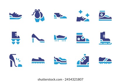 Shoes icon set. Duotone color. Vector illustration. Containing ballerina, trainers, shoes, high heels, high heel, flying shoes, shoe, baby shoes, clothes, ice skating.