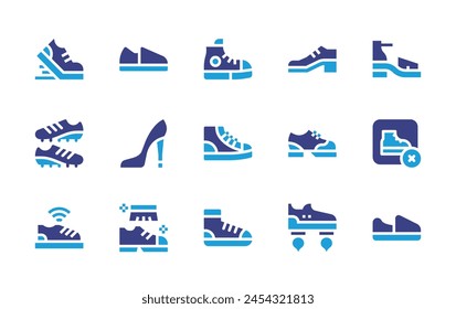 Shoes icon set. Duotone color. Vector illustration. Containing shoes, football boots, running, brush, heels, smart, no shoes, flat shoes, shoe, flying.