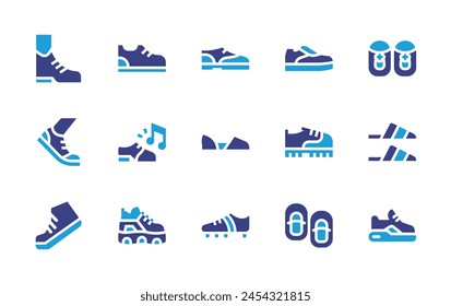 Shoes icon set. Duotone color. Vector illustration. Containing trainers, shoe, running, sneakers, tap music, shoes, sneaker, baby shoes, flat shoes.