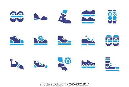 Conjunto de iconos de zapatos. Color duotono. Ilustración vectorial. Conteniendo fútbol, converse, zapatillas, zapatillas, zapatillas, escalada, zapatos, zapatos deportivos, bebé, ballet.