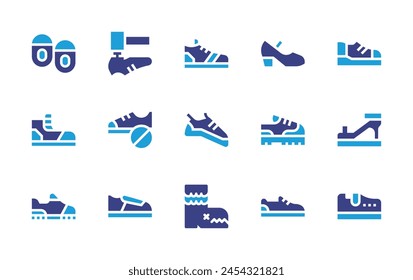 Shoes icon set. Duotone color. Vector illustration. Containing climbing shoes, boots, sneakers, shoe making, running, shoe, shoes, flamenco, heeled.