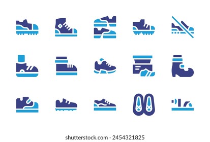 Shoes icon set. Duotone color. Vector illustration. Containing trainer, shoes, sneaker, sneakers, ballet shoes, shoe, shoe box, football, no shoes.