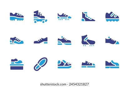 Shoes icon set. Duotone color. Vector illustration. Containing shoe, shoes, shoe print, rollerblade shoes, football boots, sneakers.