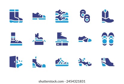 Shoes icon set. Duotone color. Vector illustration. Containing water boots, shoe, shoes, kick off, shoe box, sport, baby, flamenco, sneaker, sneakers, boot.