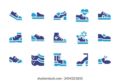 Shoes icon set. Duotone color. Vector illustration. Containing shoes, shoe, smart shoes, tap shoes, boots, sneakers.