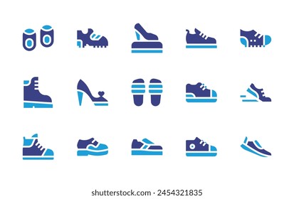 Shoes icon set. Duotone color. Vector illustration. Containing sneaker, shoe, shoes, slippers, boots, high heels, running shoes, football shoes.