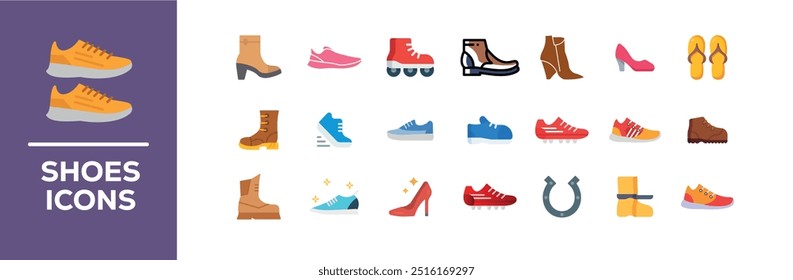 Schuhsymbolsatz. Duotonfarbe. Vektorgrafik. Enthaltene Schuhe, Fußballschuhe, Laufen, Bürste, Fersen, smart, keine Schuhe, flache Schuhe, Schuh, fliegen.