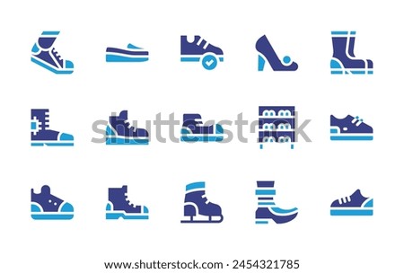 Shoes icon set. Duotone color. Vector illustration. Containing run, boot, boots, shoe, sneakers, flat shoes, shoes, ice skating shoes.