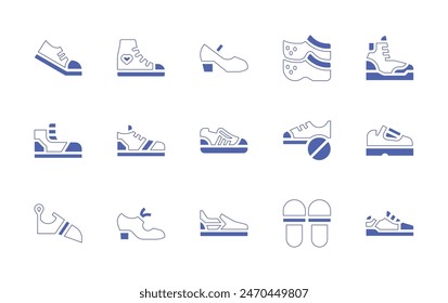 Shoes icon set. Duotone style line stroke and bold. Vector illustration. Containing sneakers, shoes, comfortable, climbing, sport shoe, shoe, flamenco shoes, skate.