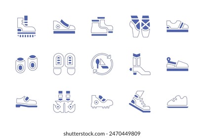 Shoes icon set. Duotone style line stroke and bold. Vector illustration. Containing cover, sneakers, sport shoes, shoes, cowboy, ballet, shoe, footprints.