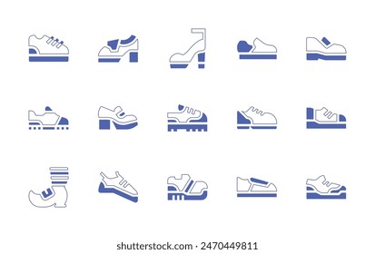 Shoes icon set. Duotone style line stroke and bold. Vector illustration. Containing climbing shoes, high heels, shoe, running shoes, leprechaun shoe, shoes, boot.