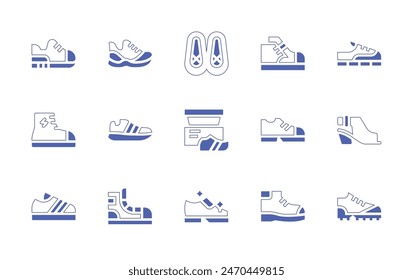 Shoes icon set. Duotone style line stroke and bold. Vector illustration. Containing running shoes, sneakers, shoes, shoe, sneaker, ballet shoes, shoe box.