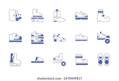 Shoes icon set. Duotone style line stroke and bold. Vector illustration. Containing slippers, kick off, ice skating, shoes, shoe, flamenco shoes, skate, sneakers, boot.