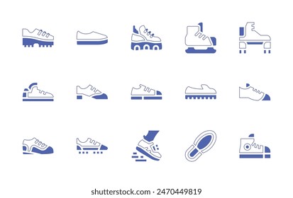 Conjunto de iconos de zapatos. Trazo de línea de estilo duotono y negrita. Ilustración vectorial. Contiene tango, zapatos, zapatos, patín de hielo, calzado impreso, zapatos deportivos, plataforma, vuelo, botas de fútbol.