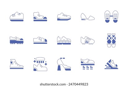 Shoes icon set. Duotone style line stroke and bold. Vector illustration. Containing polishing, sneakers, shoe, football, running, shoes, flying shoes, ballet shoes.