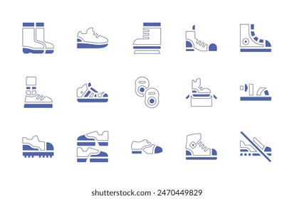 Shoes icon set. Duotone style line stroke and bold. Vector illustration. Containing trainers, shoes, water boots, shoe, sneakers, shoe box, sport shoes, no shoes, sneaker, ice skate.