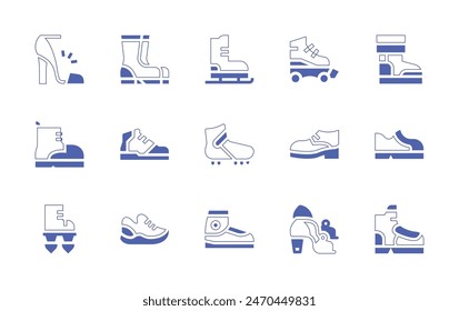 Conjunto de iconos de zapatos. Trazo de línea de estilo duotono y negrita. Ilustración vectorial. Contiene botas, correr, zapatillas, bota, tacón alto, zapatos voladores, patín, zapatos, zapato, patinaje sobre hielo.