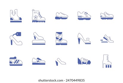 Shoes icon set. Duotone style line stroke and bold. Vector illustration. Containing high heel, sneaker, shoe, sneakers, high heels, running shoes, soccer shoe, shoes, boot.