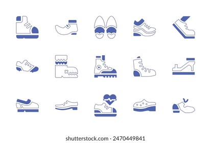 Shoes icon set. Duotone style line stroke and bold. Vector illustration. Containing shoes, hiking boots, boots, running, shoe, sport shoe, heels, smart, heeled, safety shoes, tap shoes.